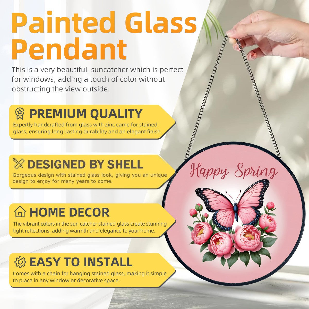 Happy Spring Pink Butterfly Glass Suncatcher