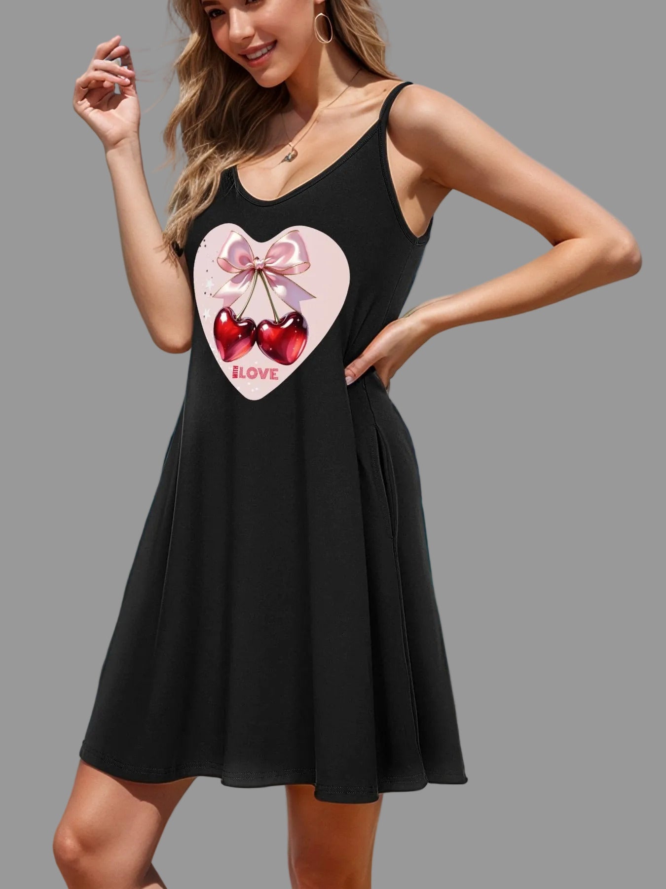 Red Cherries in Pink Heart Women's Spaghetti Strap Night Dress (Made in USA)