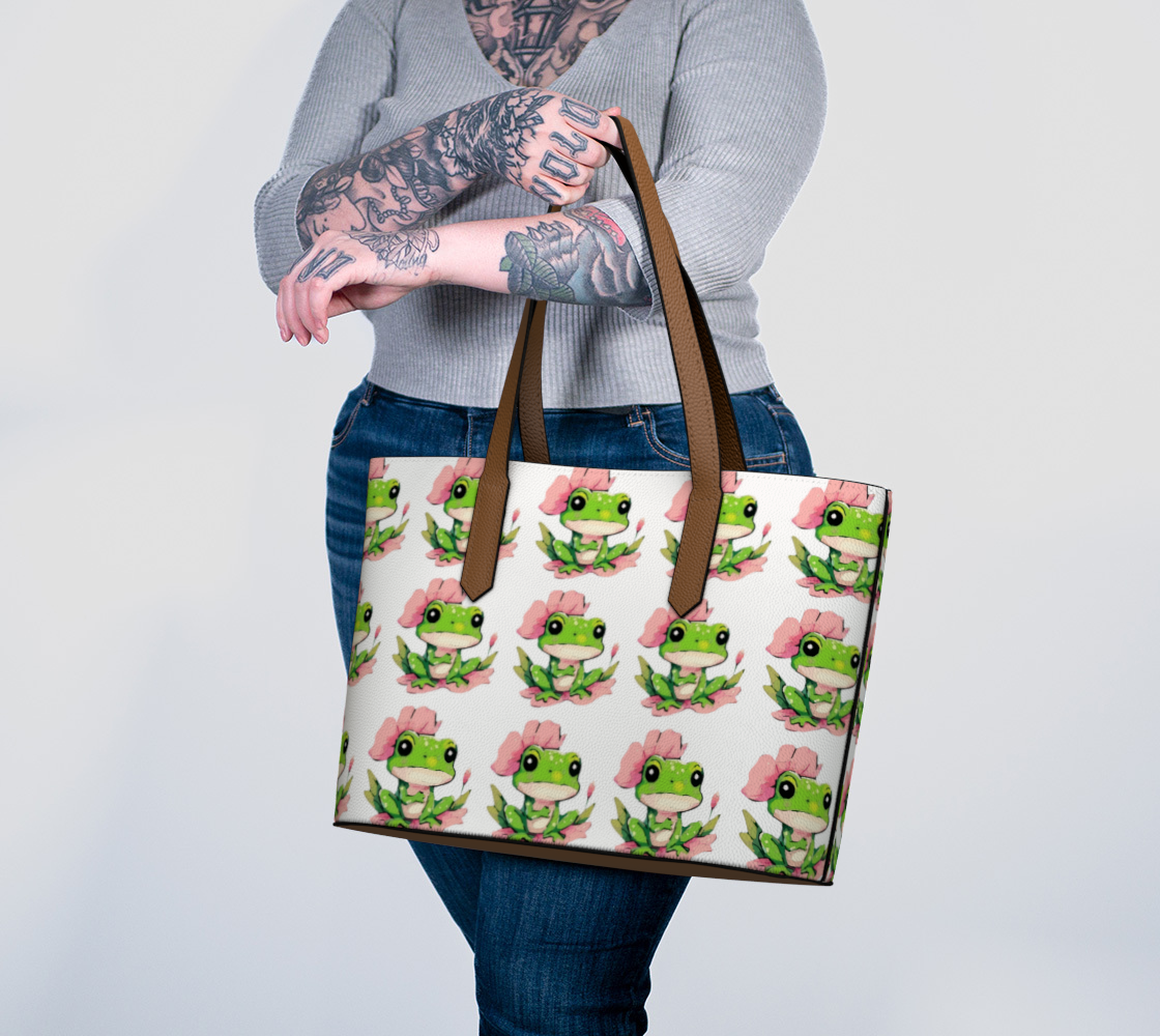 Green Frog on Pink Lily Pad Large Vegan Leather Tote Bag