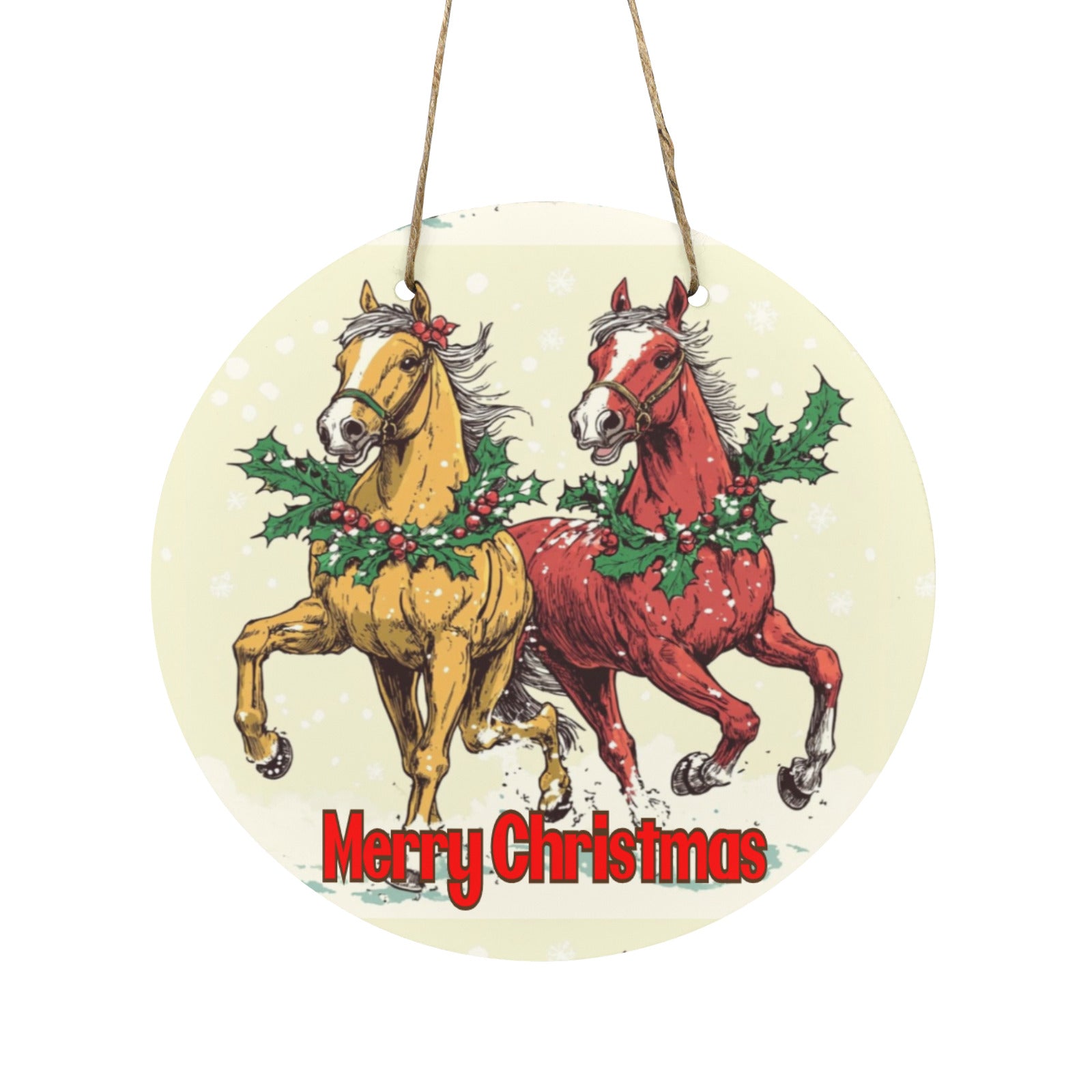 Horses at Christmas Round Wooden Door Sign 11.8'' (Made in USA)