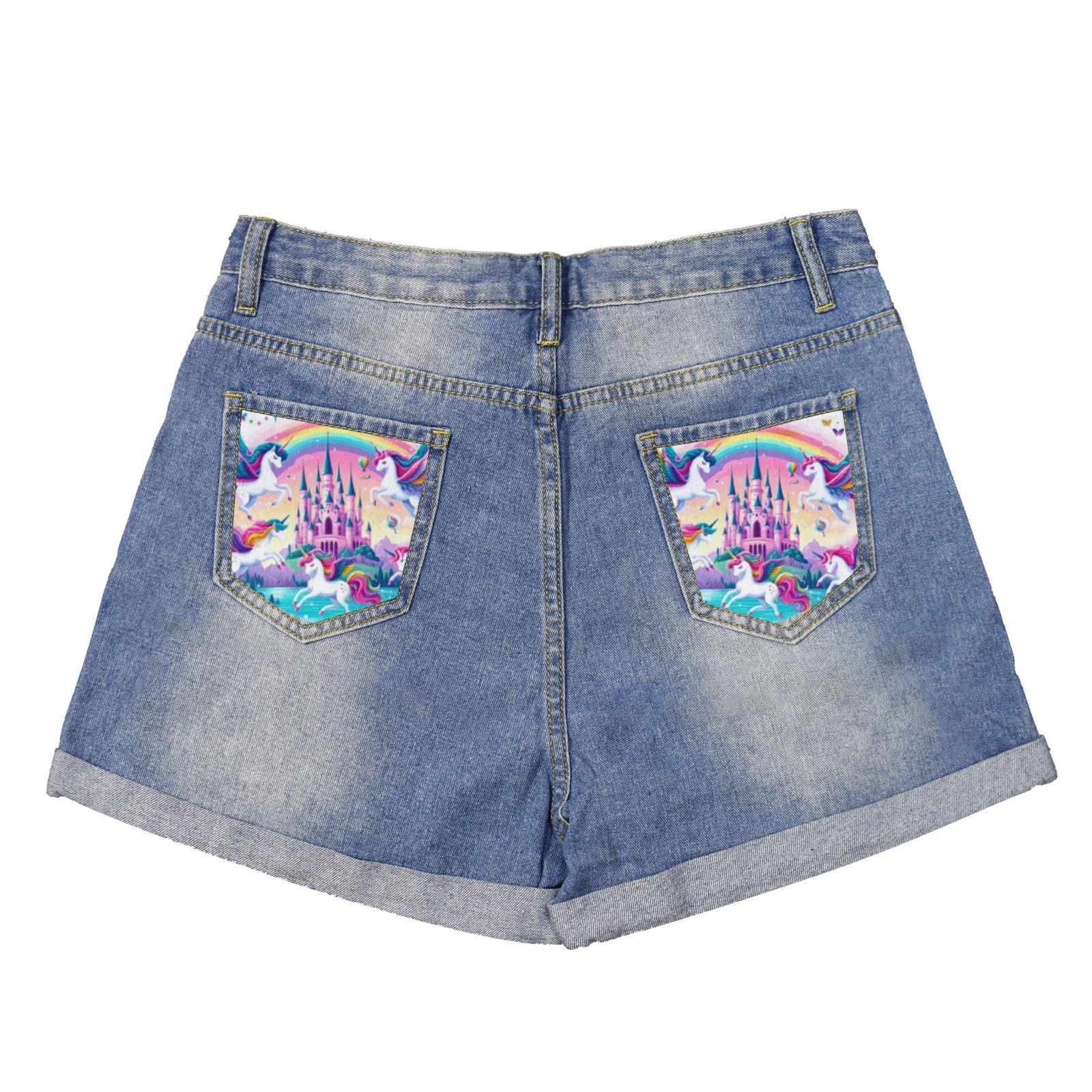 Light blue denim shorts with rolled hems and colorful unicorn patchwork back pockets, shown from the back on a white background.