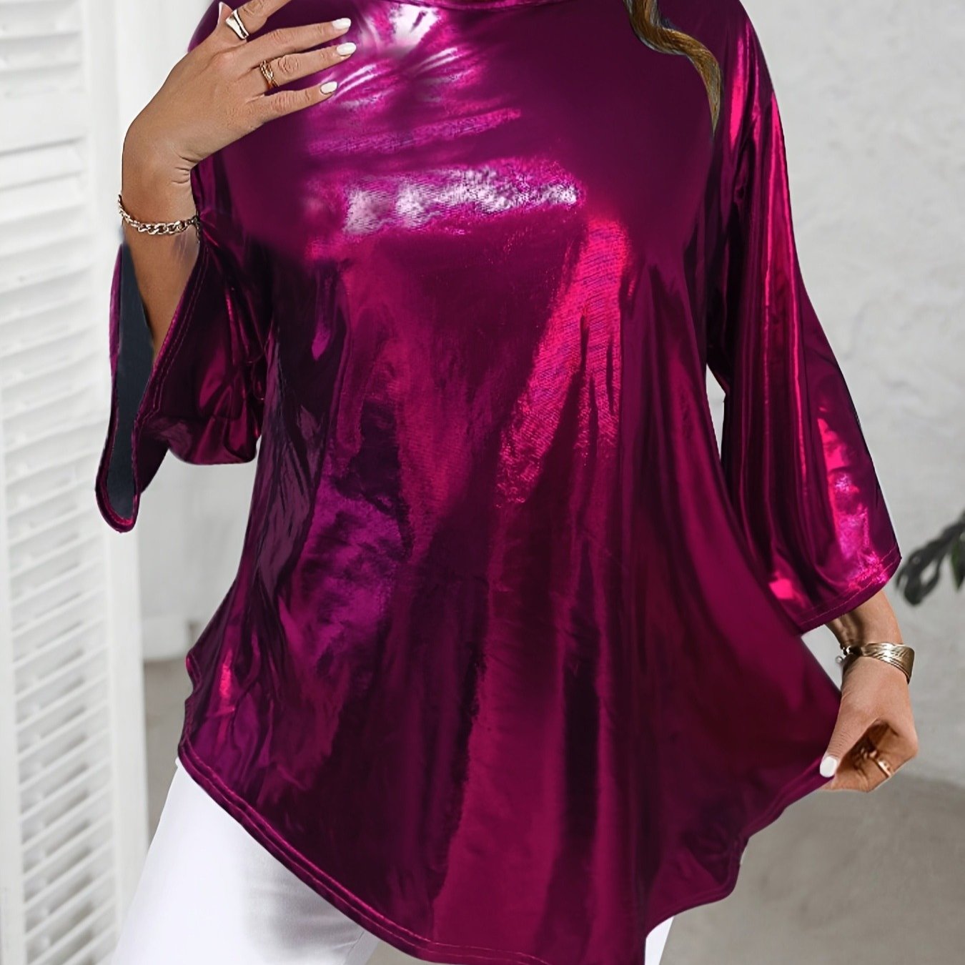 Metallic Asymmetrical 3/4 Sleeve Trendy Plus Size Top
