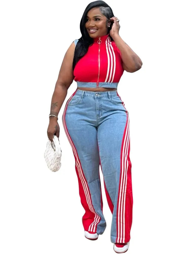 Women's Denim Sleeveless Top And Wide Leg Pants 2-piece Set Outfit