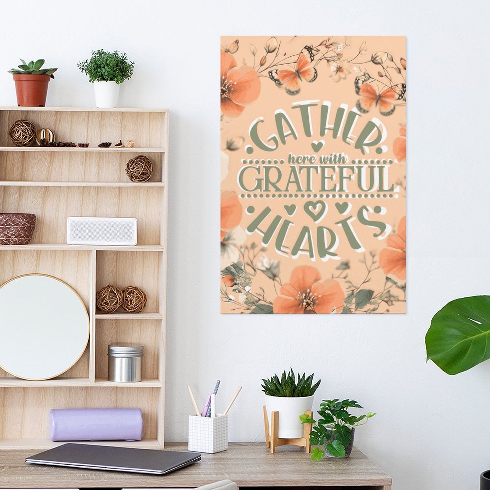 Gather Here with Grateful Hearts Orange Decorative Canvas Hanging Poster Unframed