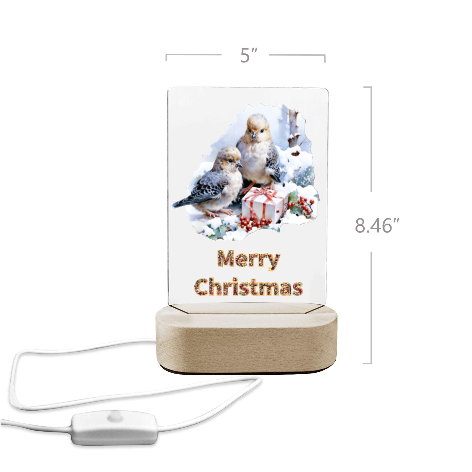 Merry Christmas Birds Acrylic Photo Panel with Lighted Stand (Made in USA)