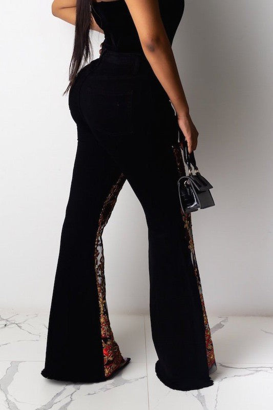 Black Lace with Gold Trim Lunar Bell Bottom Jeans - Inseam 32