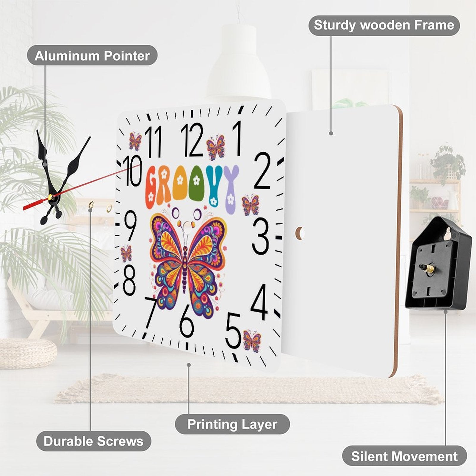 Groovy Butterfly Square Wall Clock with Numbers - Made in the USA