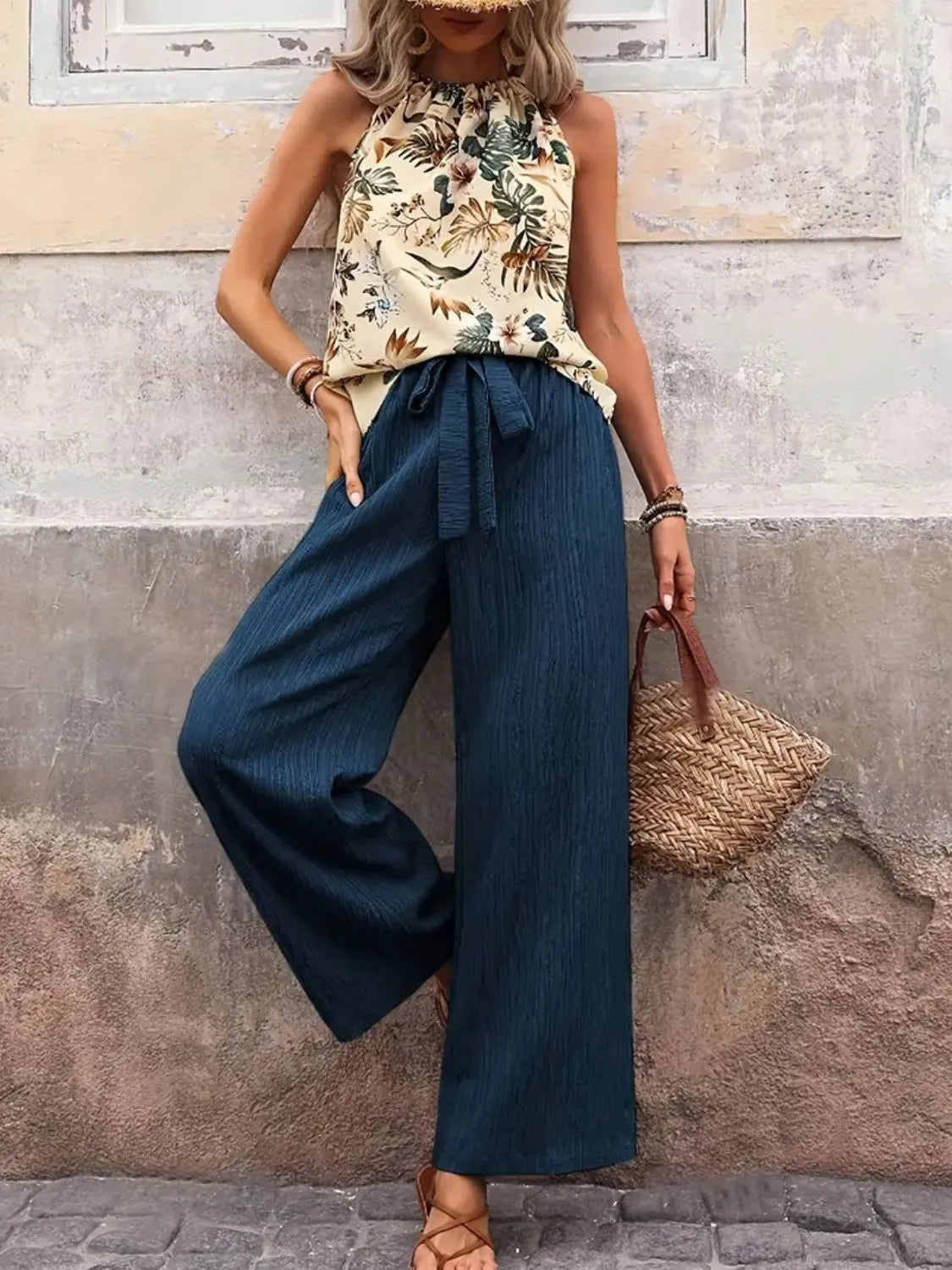 Women's Printed Tank Top and Wide Leg Pants Set Outfit