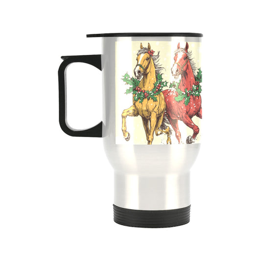 Horses at Christmas Silver Travel Mug Tumbler - 14 oz (Made in USA)