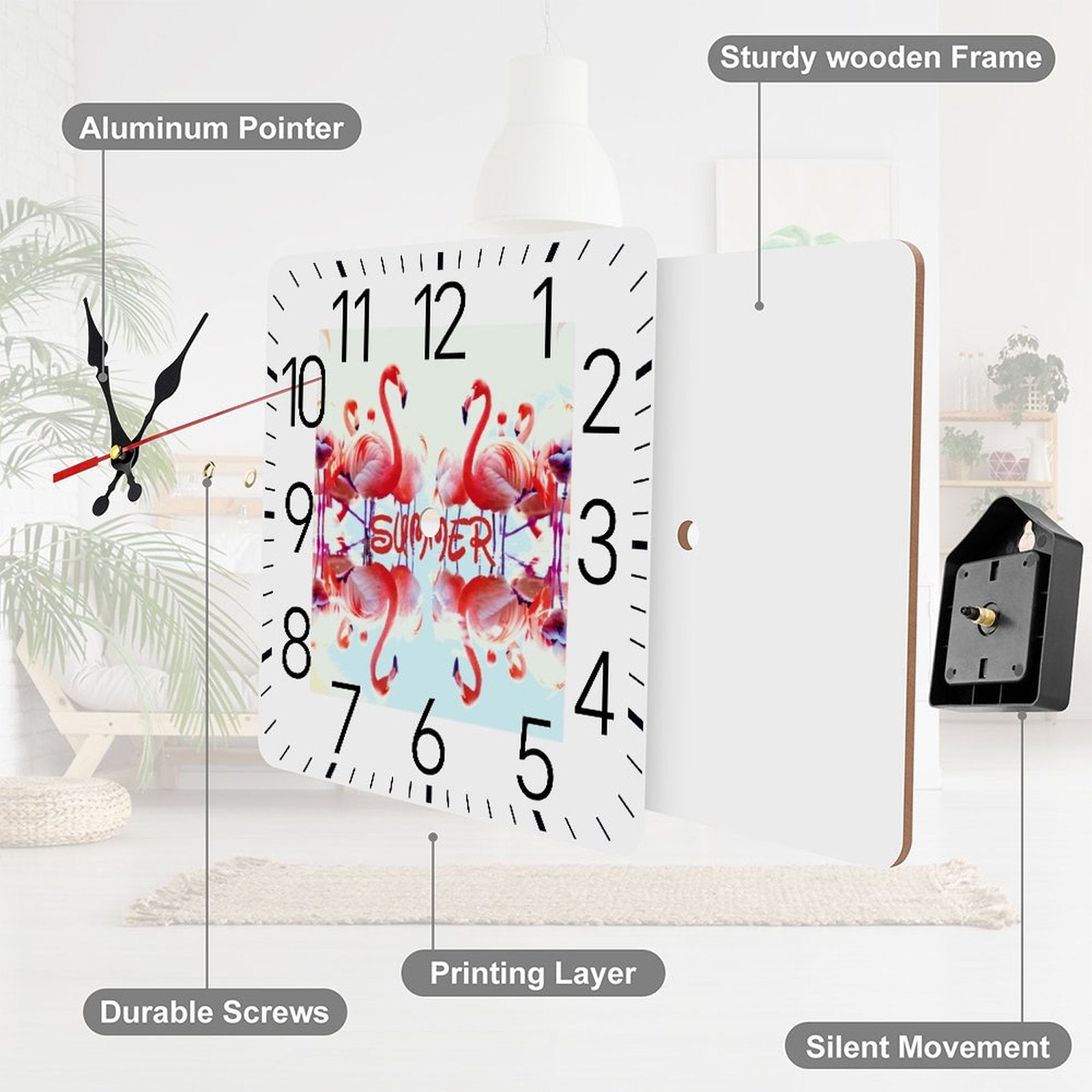 Pink Flamingos Summer Design Square Wall Clock - 9.8