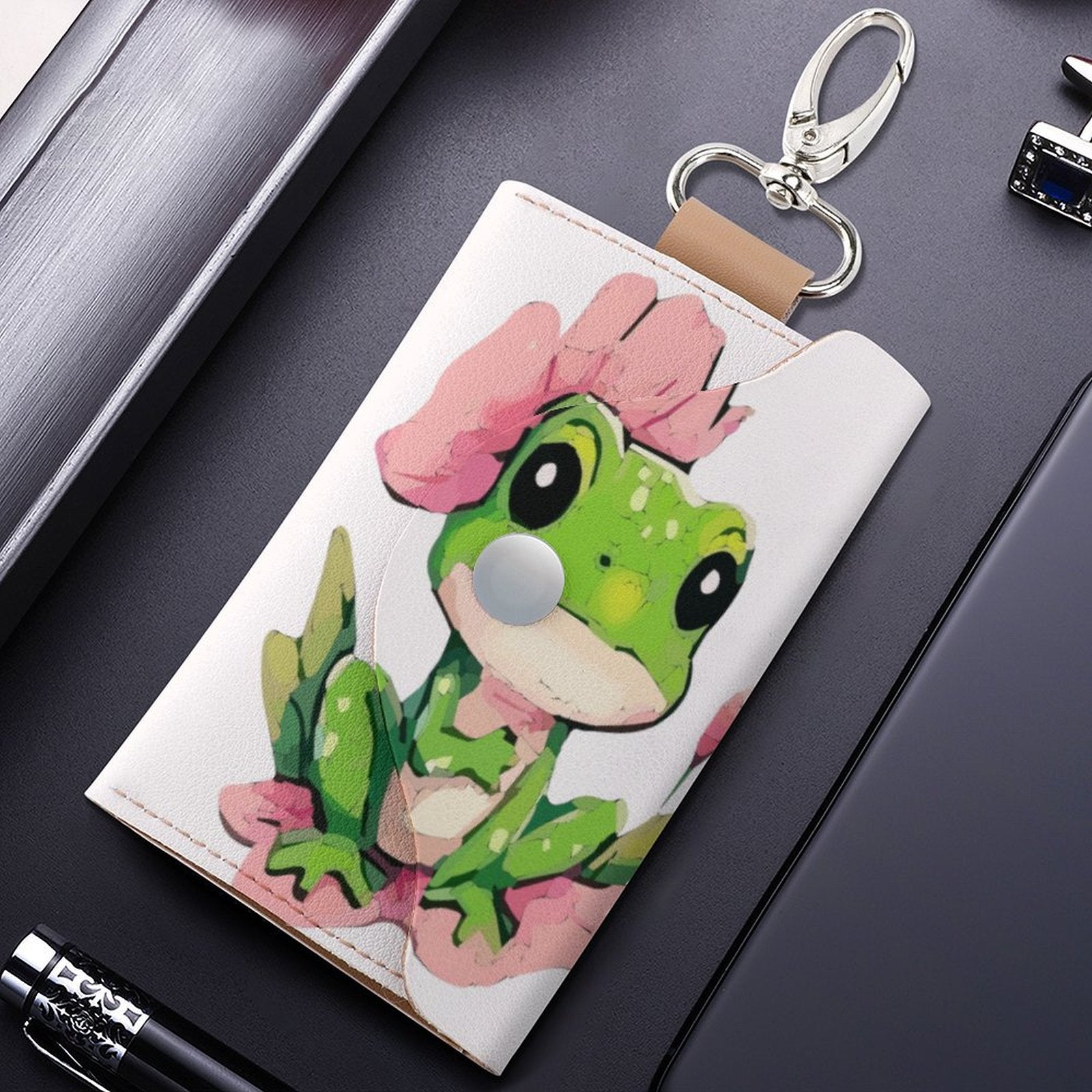 Green Frog on Lily Pad Leather Cardholder and Keychain