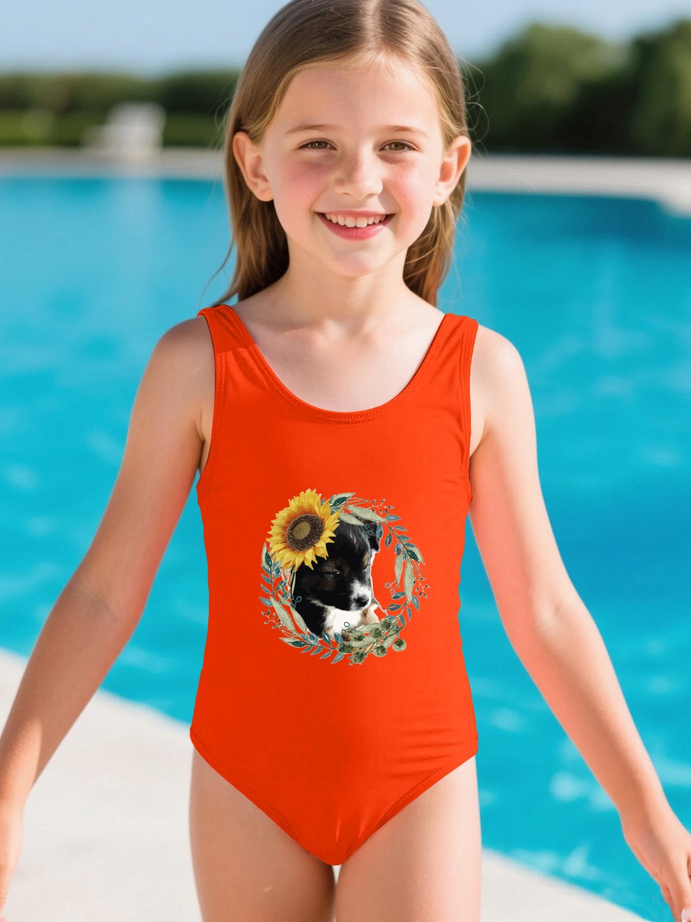 Cute Puppy Girls' Summer One-Piece Swimsuit (Front Printing)