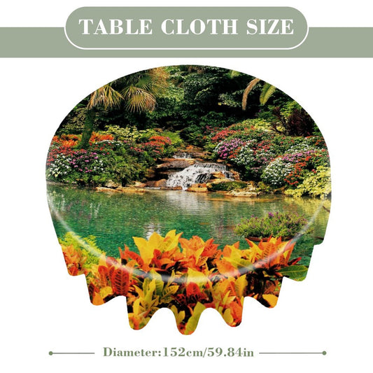 Serene Tropical Garden and Waterfall Round Tablecloth (One-sided Printing)