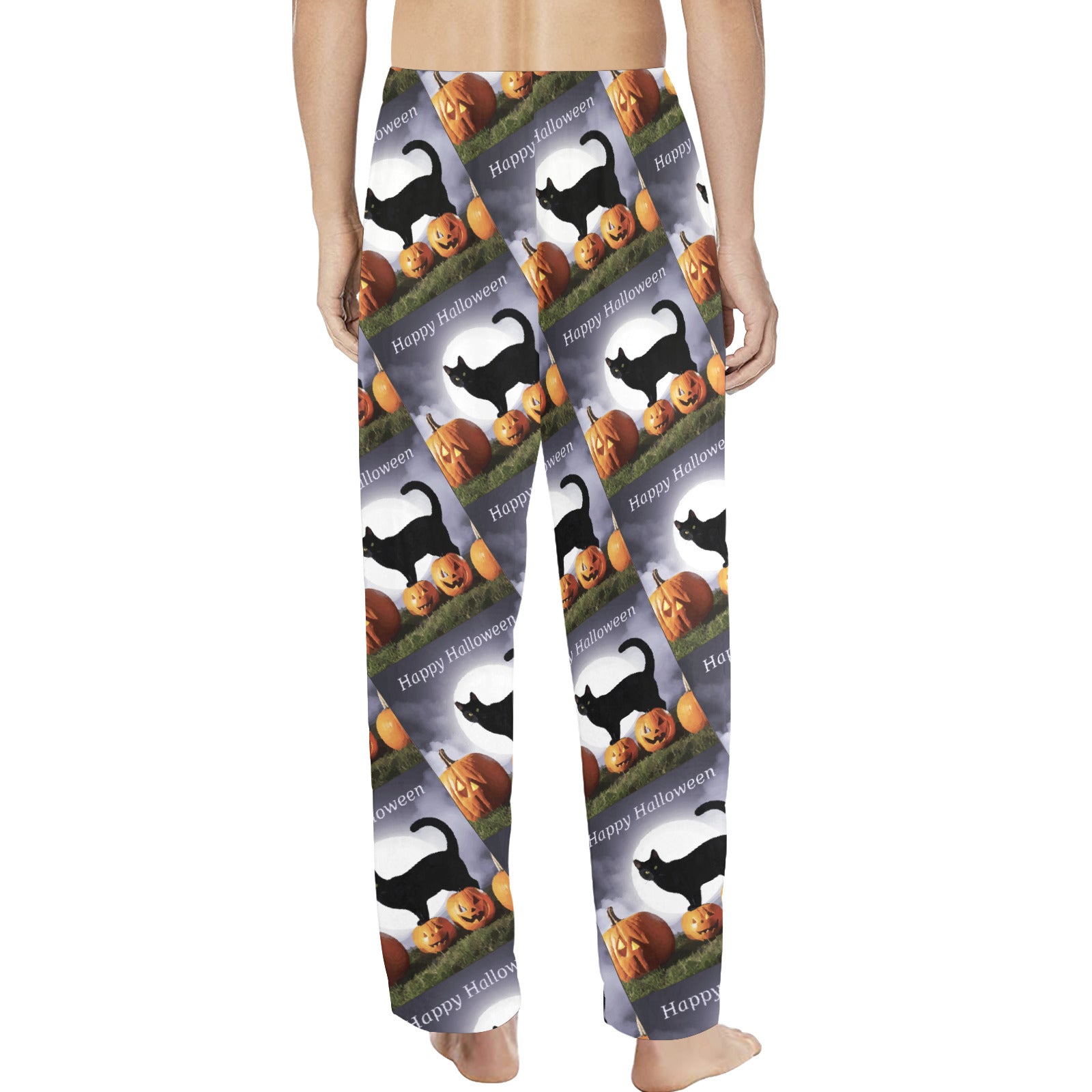 Black Cat with Pumpkins Happy Halloween Men's Pajama Trousers (Made in USA)