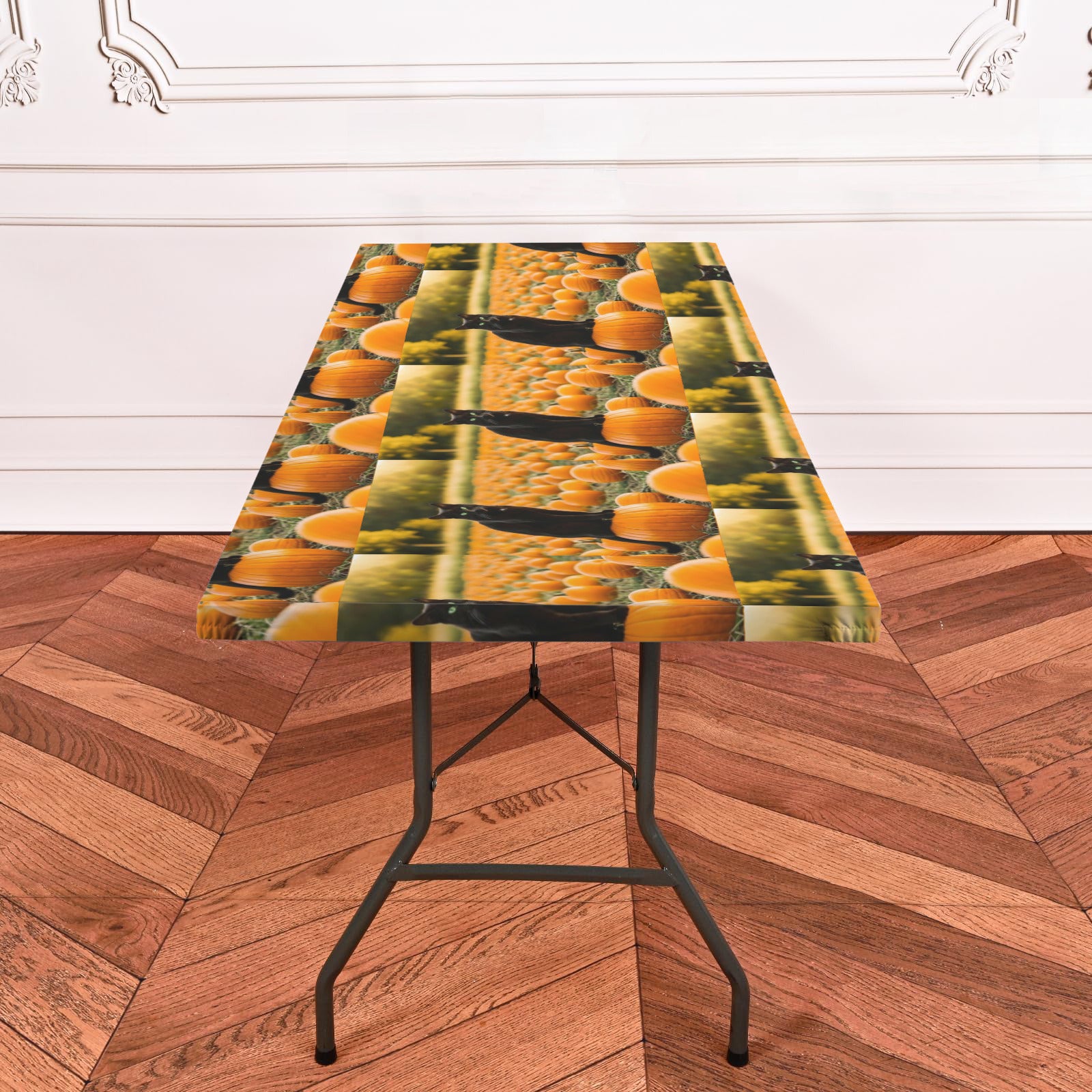 Black Cat in Pumpkin Patch Elastic Fitted Tablecloth - 72