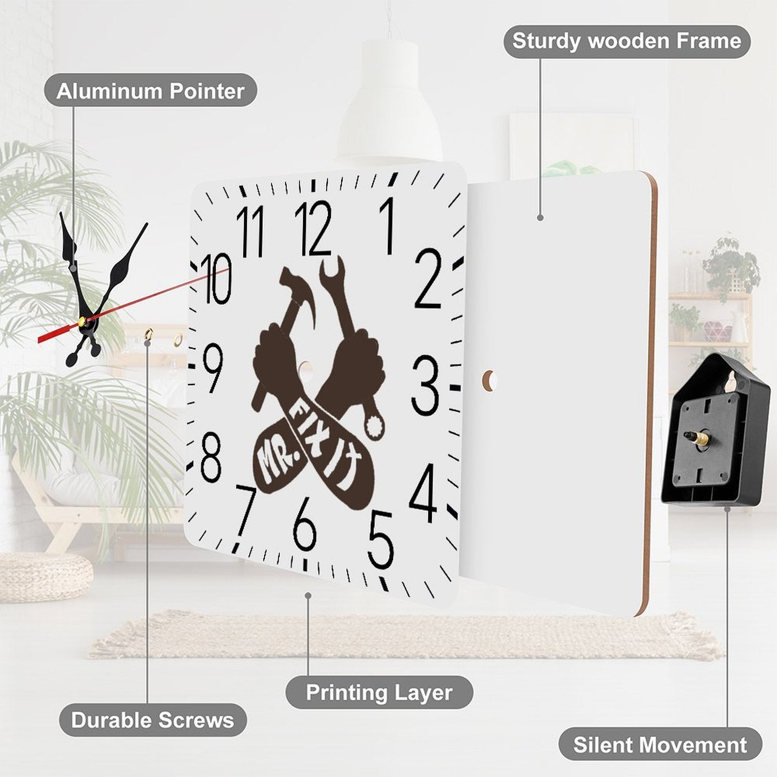 Mr. Fix It Mechanic Square Wall Clock with Numbers | Ships from USA