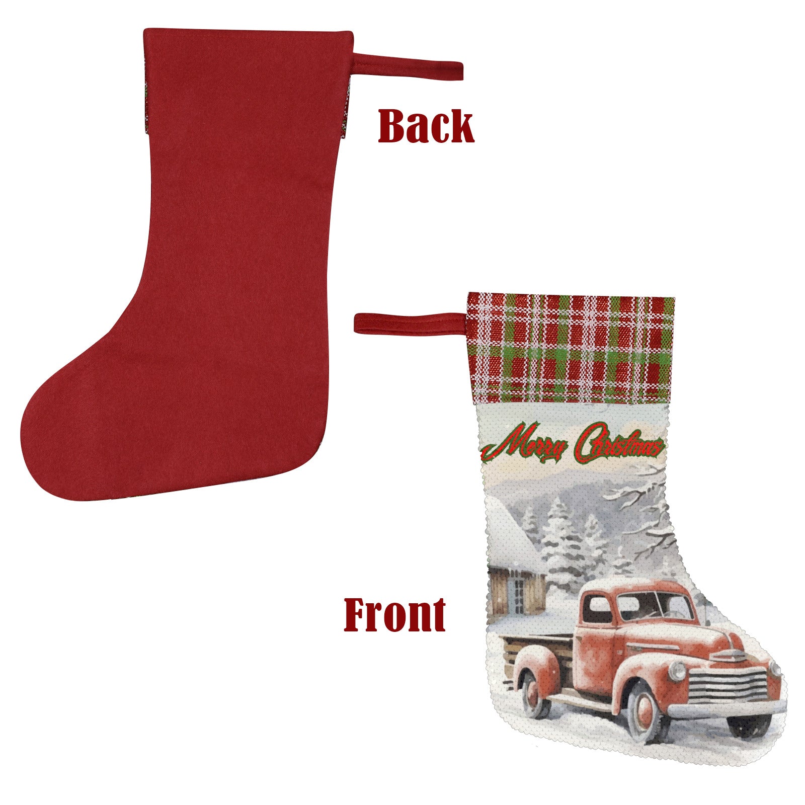 Merry Christmas Vintage Truck Sequin Christmas Stocking (Made in USA)
