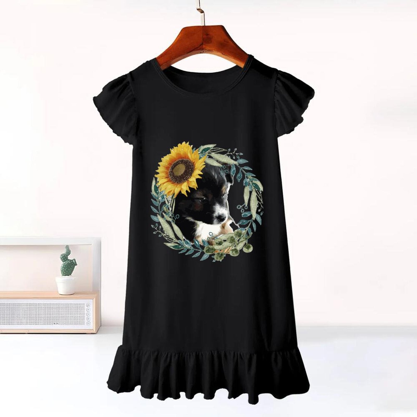 Cute Black Puppy Flutter Sleeve Dress for Girls (Front Printing)