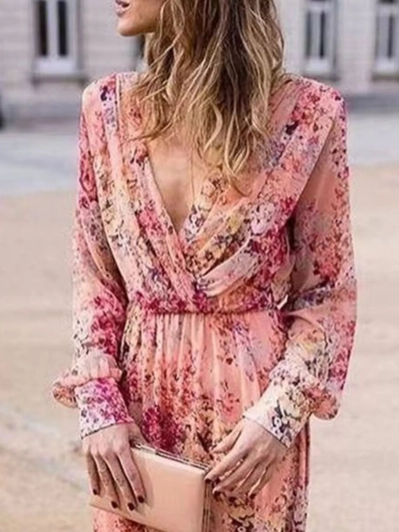 Women's Plus Size Pink Floral Print Long Sleeve Maxi Dress