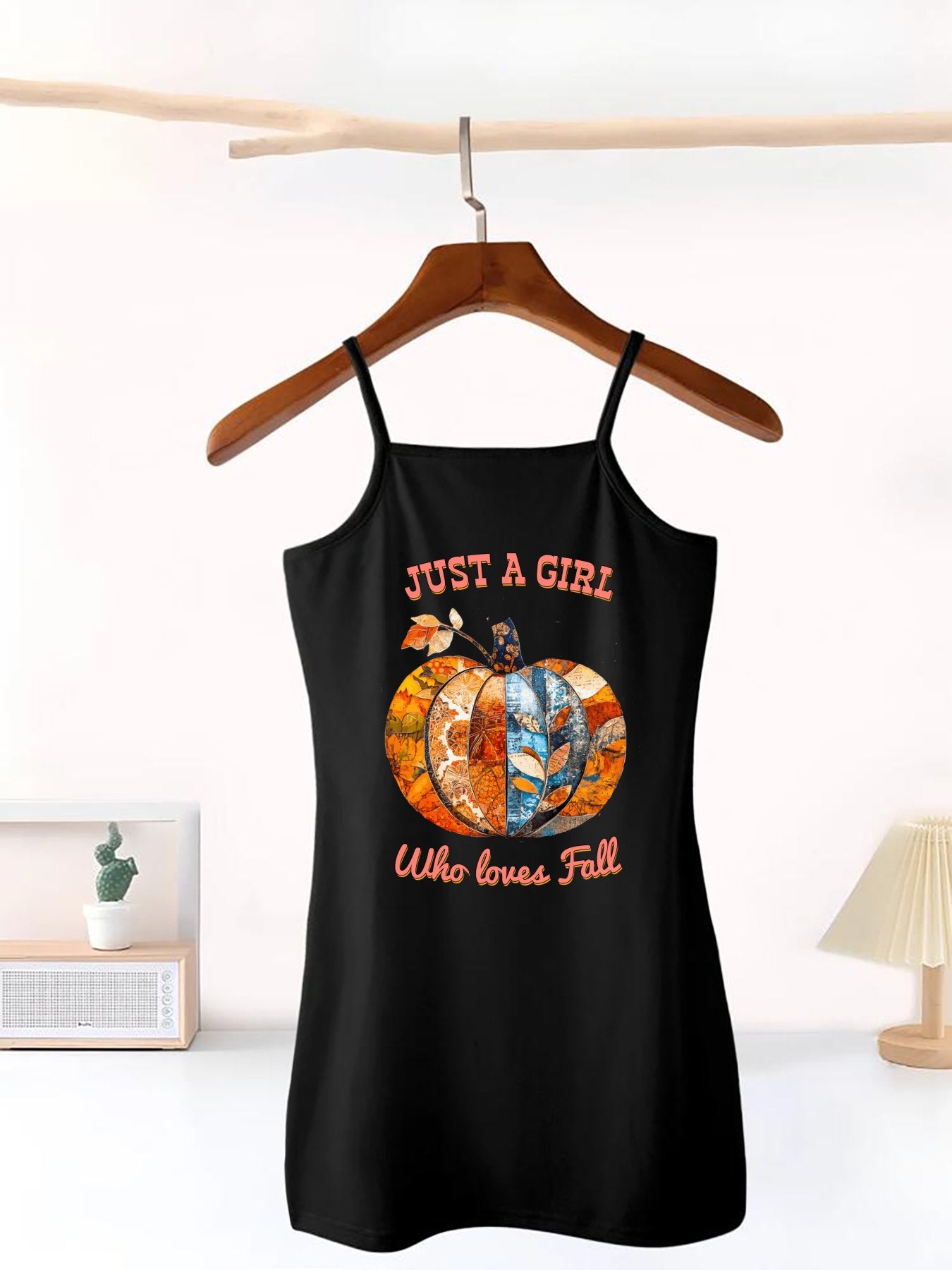 Just a Girl Who Loves Fall Pumpkins Girls' Dress with Shoulder Straps (Front Printing)