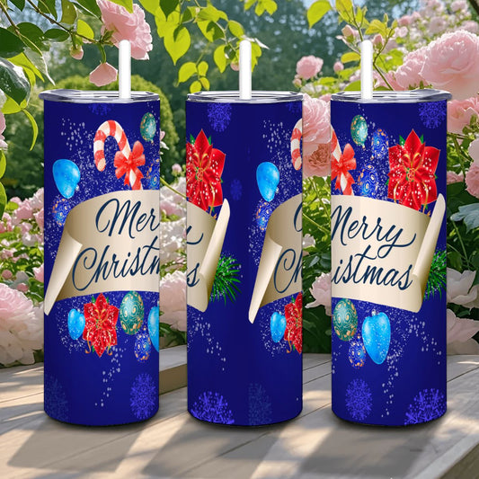 Blue Merry Christmas 20oz Straight Stainless Steel Tumbler with Straw（Made in USA)