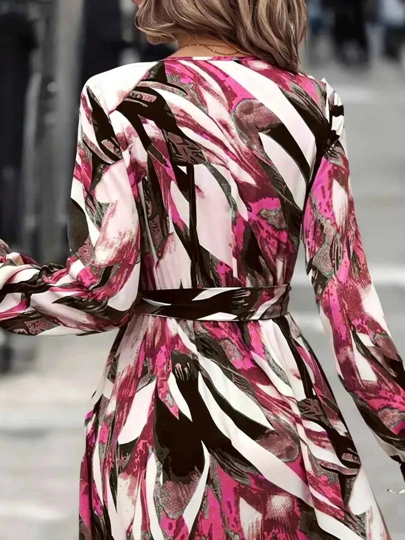 Printed Surplice Belted Flounce Long Sleeve Maxi Dress