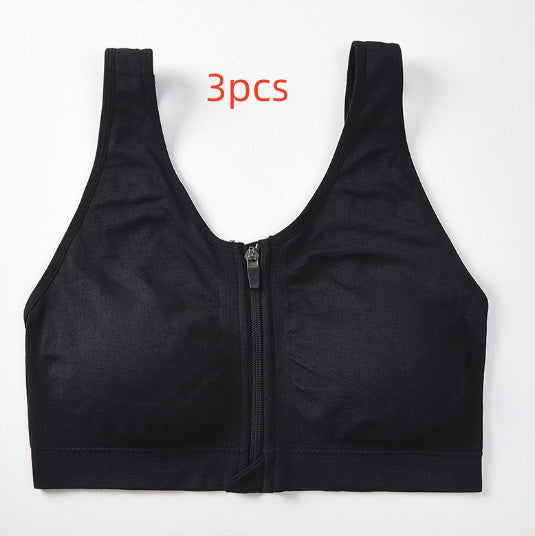 Shockproof High Strength Front Zipper Black Sports Bra - 3 piece Set