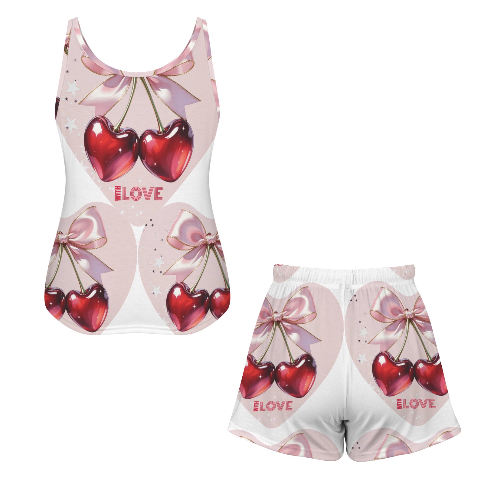 Red Cherries in Pink Hearts Women's Shorts Pajama Set (Made in USA)