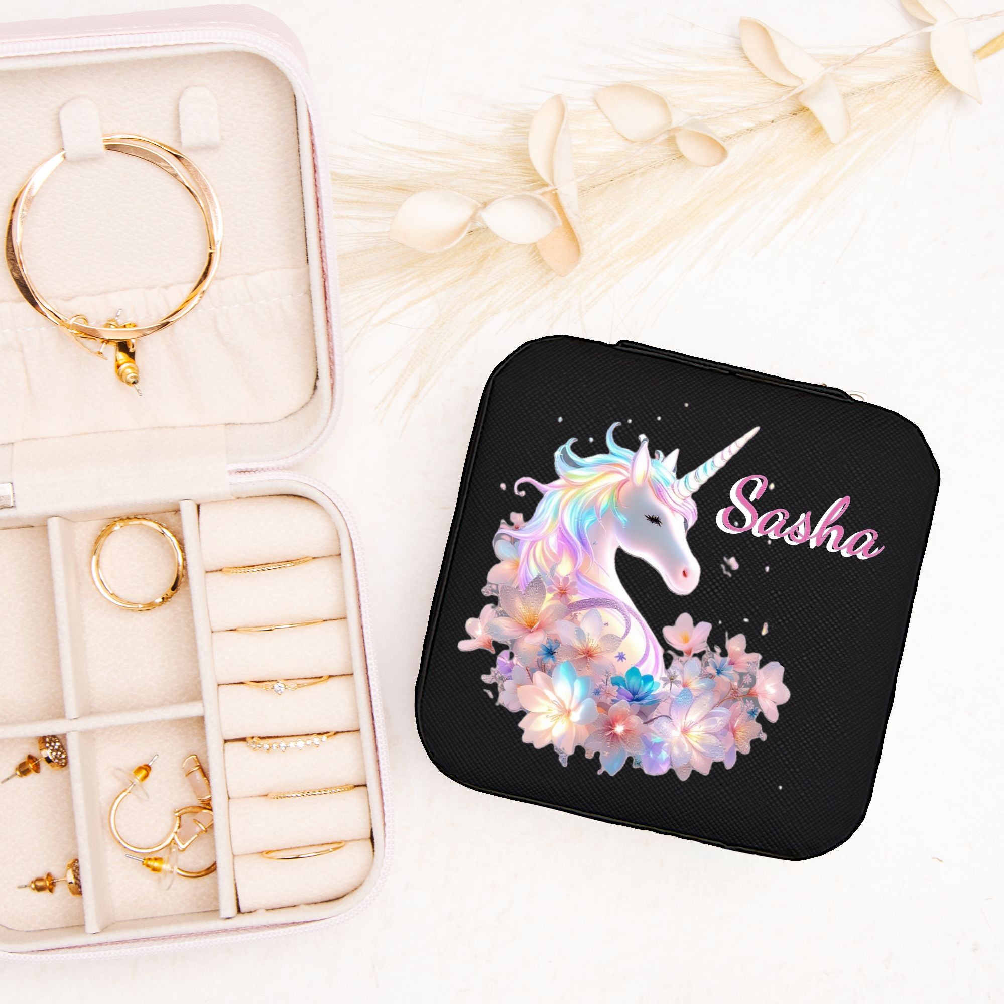 Beautiful Unicorn Jewelry Box Travel Case with Custom Name
