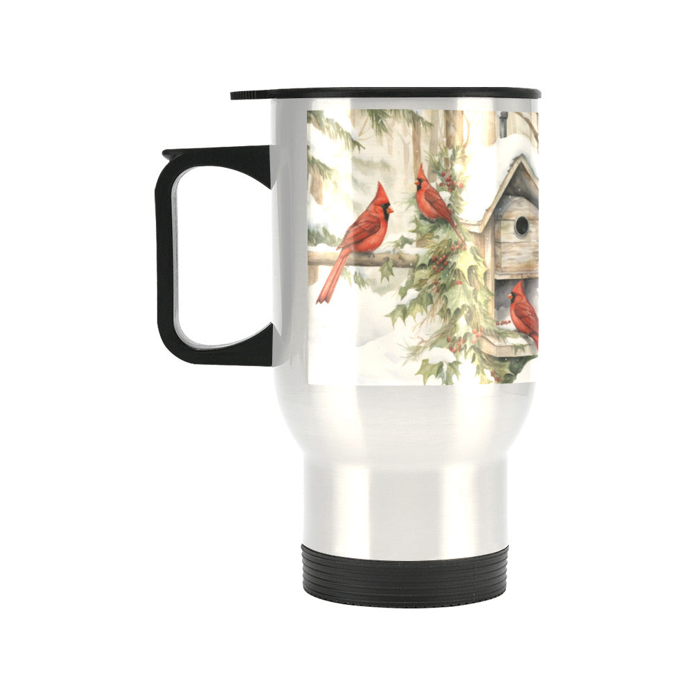 Red Birds in Snow Travel Mug (Silver) (14 Oz)(Made in USA)