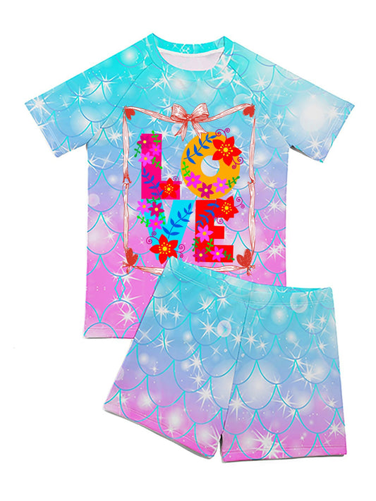 Floral LOVE Short Sleeved Swimsuit for Children (Front Printing)