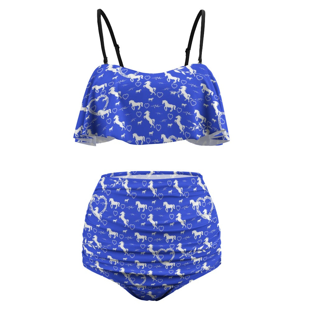 Women's Sky Blue Horse Lover Loose Top 2-piece Swimsuit
