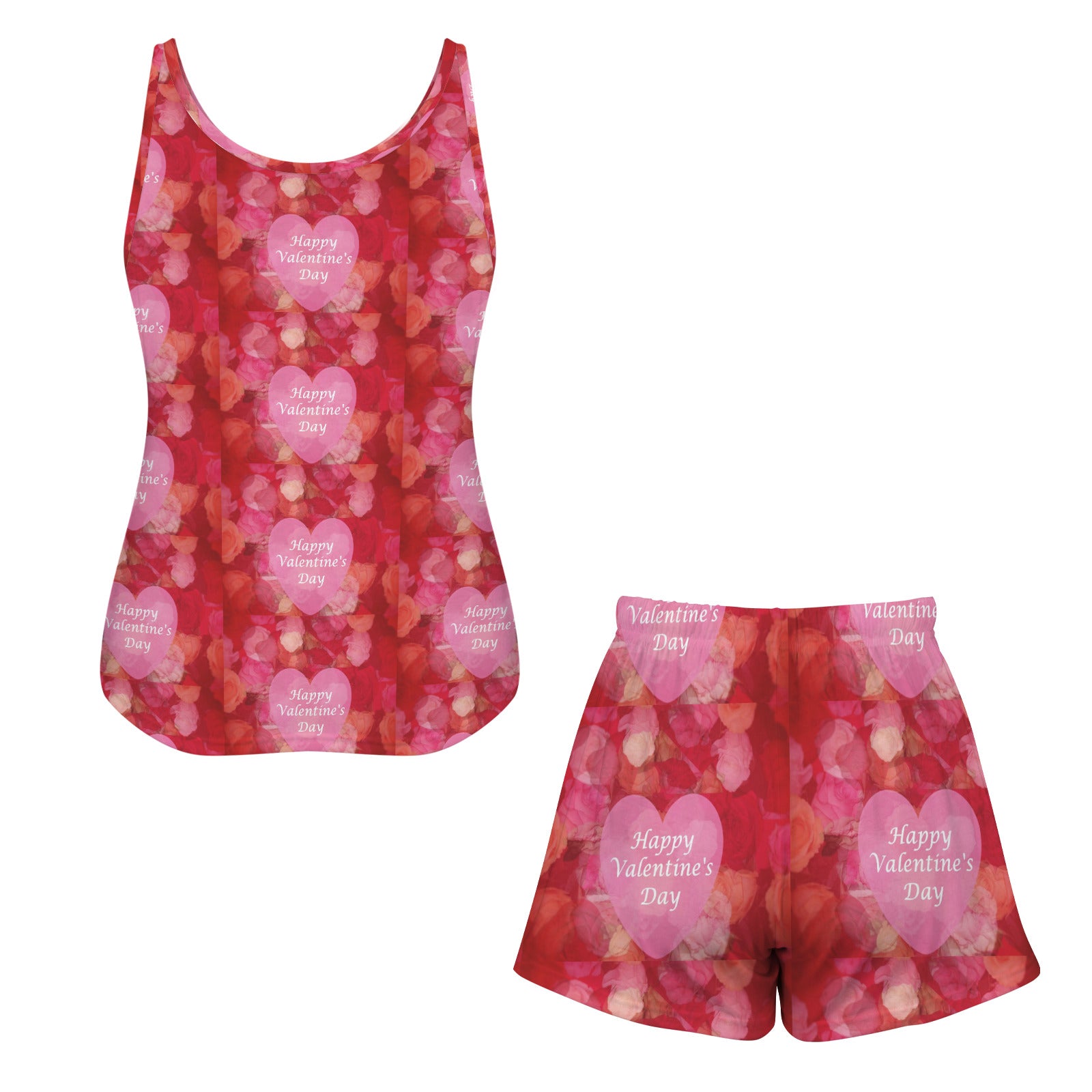 Valentine's Day-themed tank top and shorts set with heart patterns on a white background
