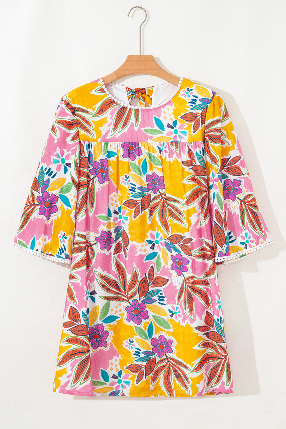 Floral Lace Trim 3/4 Sleeve Tie-Back Mini Dress