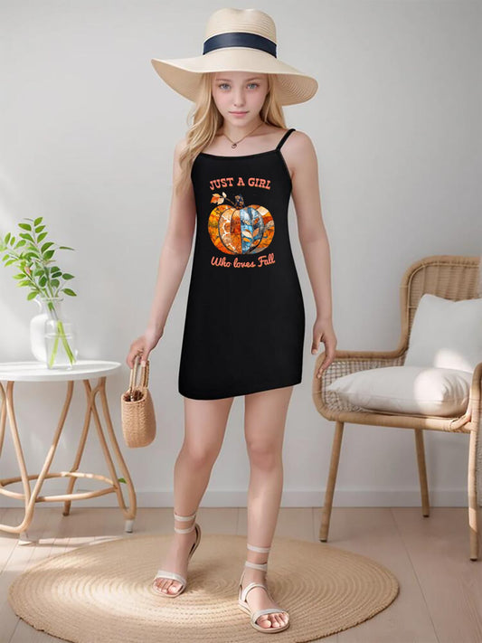Just a Girl Who Loves Fall Pumpkins Girls' Dress with Shoulder Straps (Front Printing)