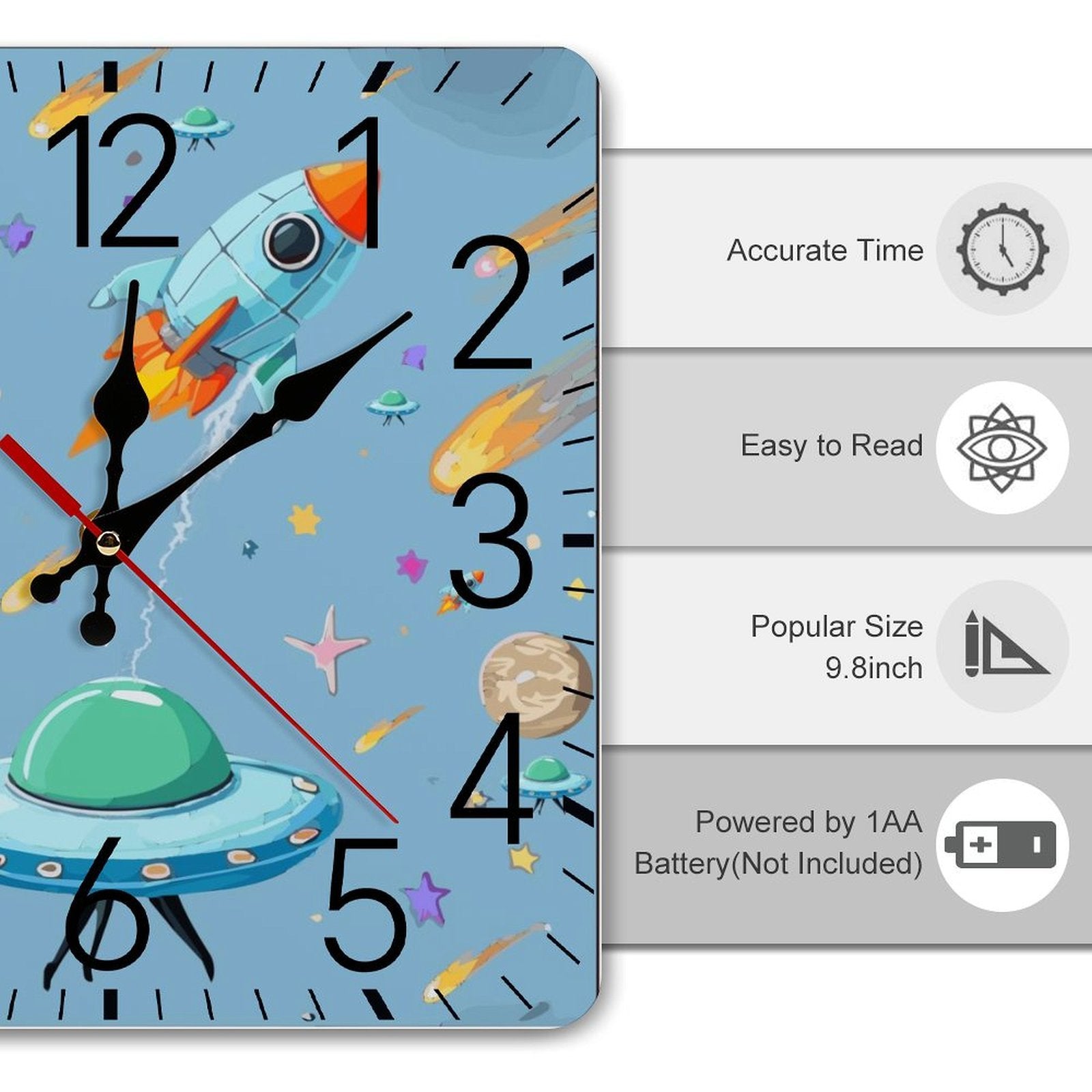 Space Wars Square Wall Clock with Numbers | Ships from USA