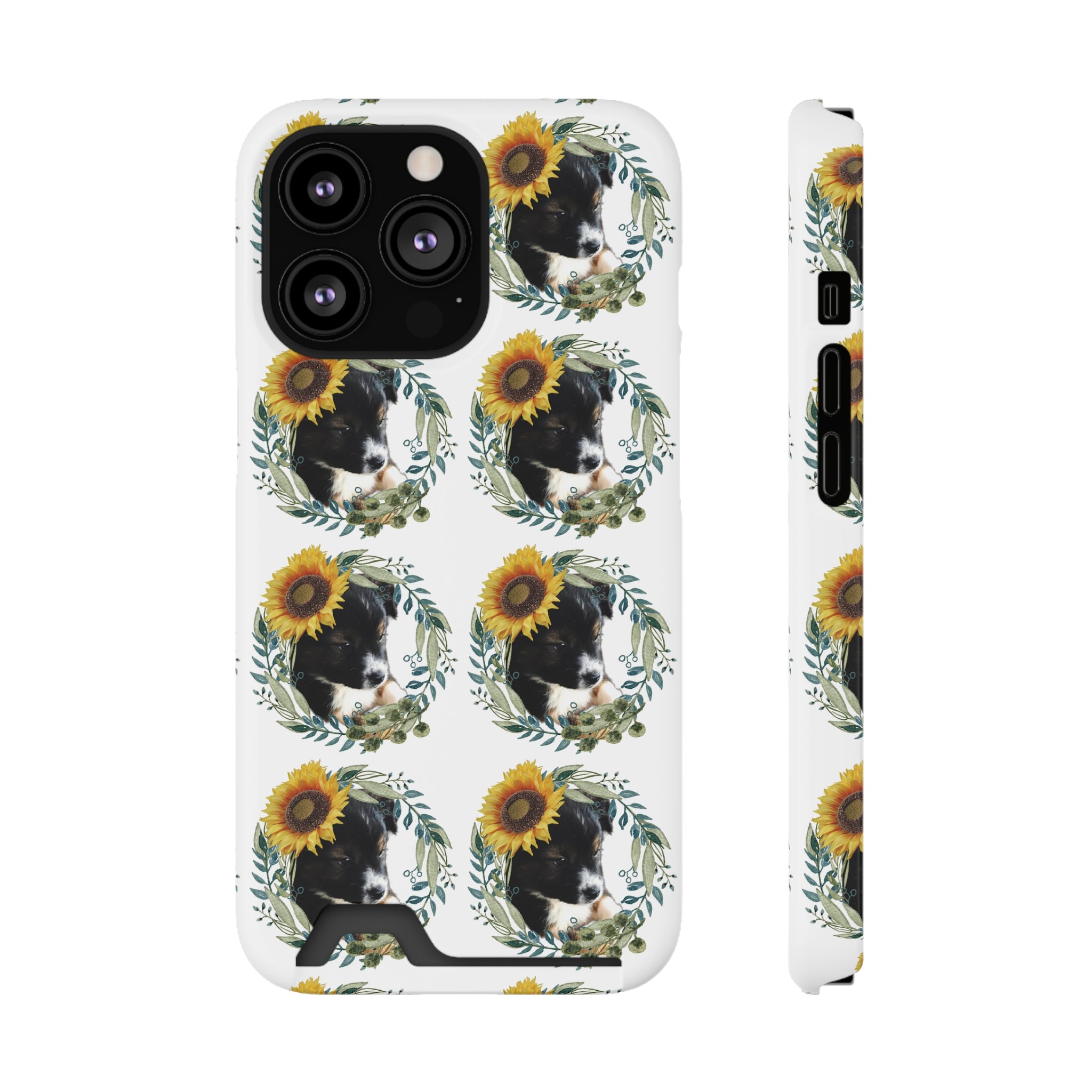 Lindo cachorro negro con funda para teléfono con girasoles y tarjetero