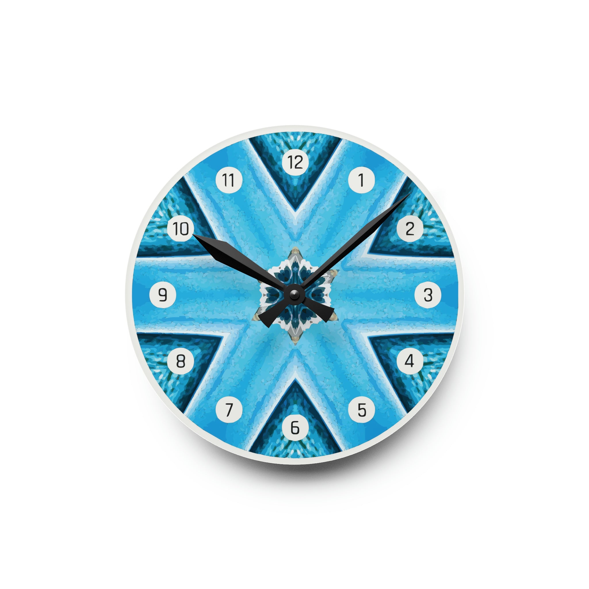 Reloj de pared acrílico con patrón de diamantes azules y números blancos