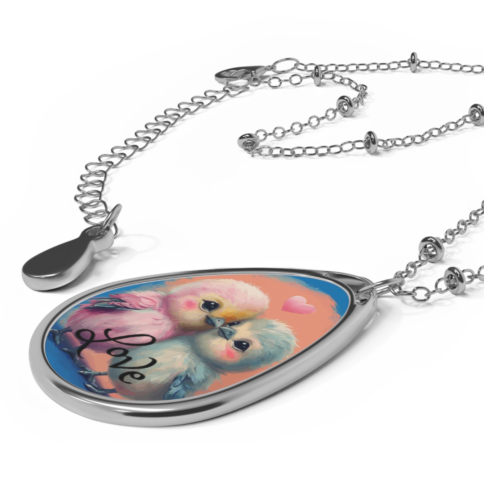 Pink and Blue Love Birds Oval Necklace