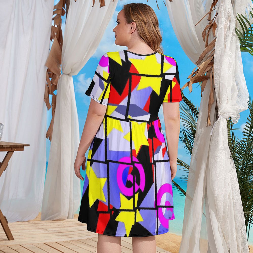 1980's Abstract Design Plus Size Short Dress