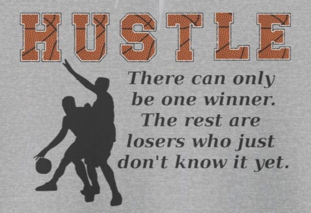 Gray hoodie with 'HUSTLE' text and graphic on a white background