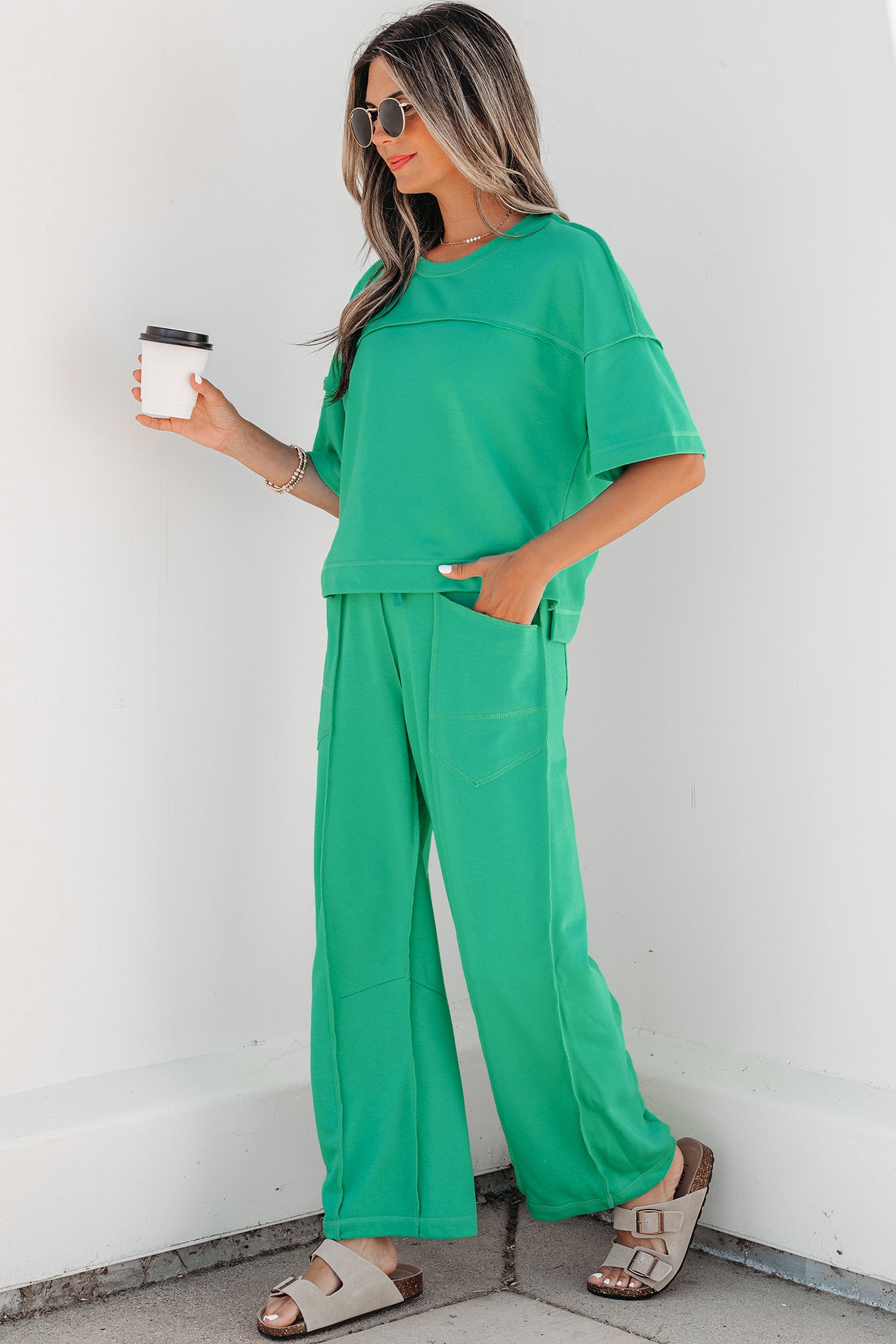 Rose Red Drop Shoulder Boxy Tee and Barrel Pants Set