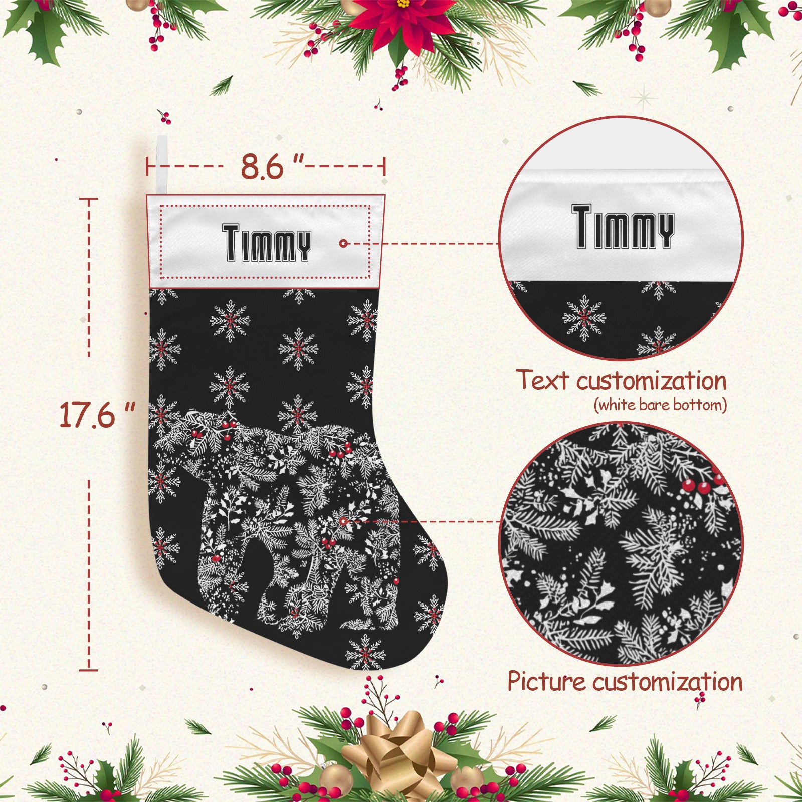Personalizable Chinoiserie Polar Bear Black Christmas Stocking (Made in USA)