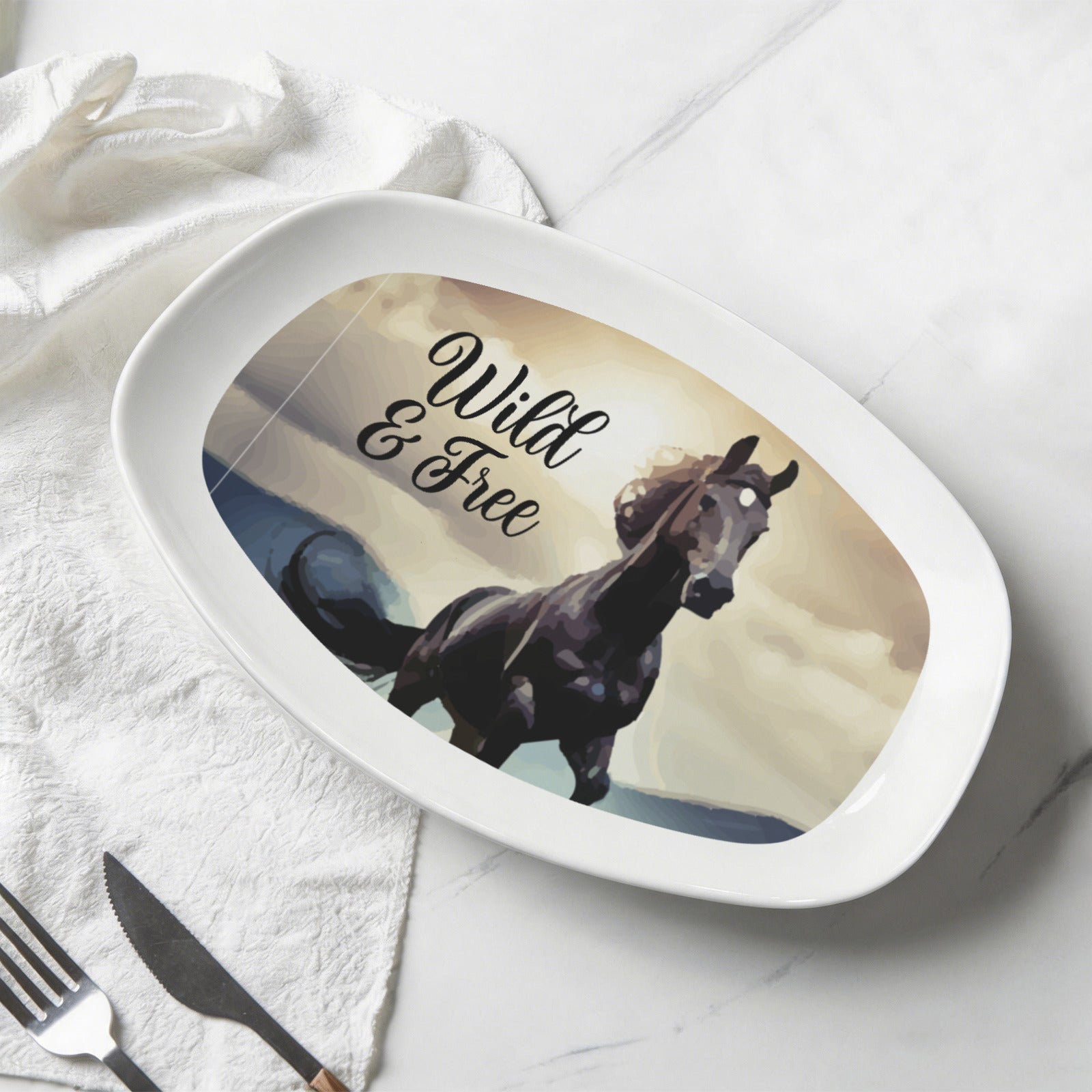 Wild & Free Black Horse Oval Serving Platter Melamine Decorative Plate