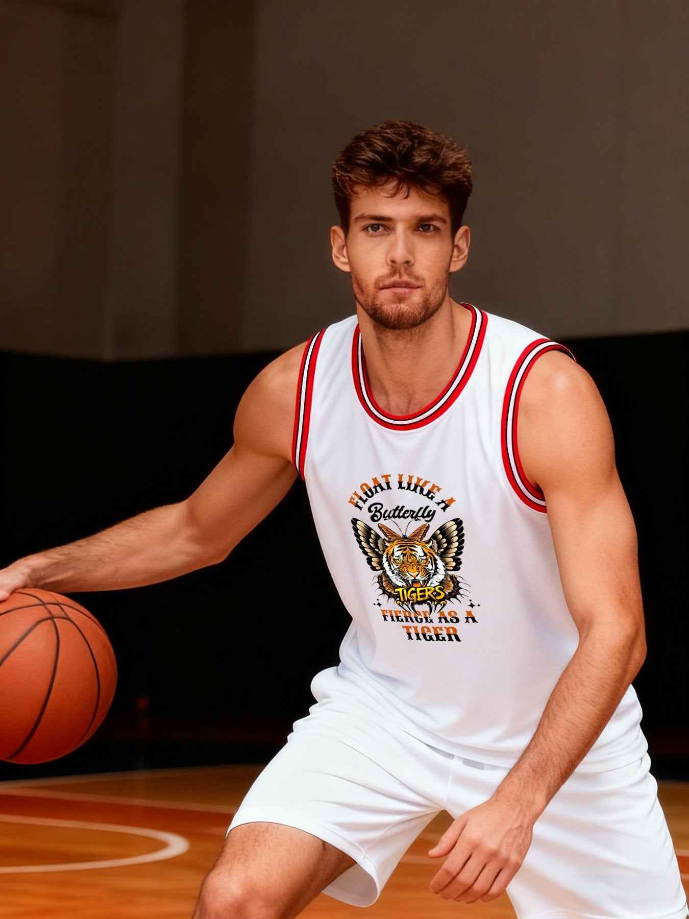 Float Like a Butterfly Fierce Tiger Adult White with Red Trim Basketball Jersey | Ships From USA