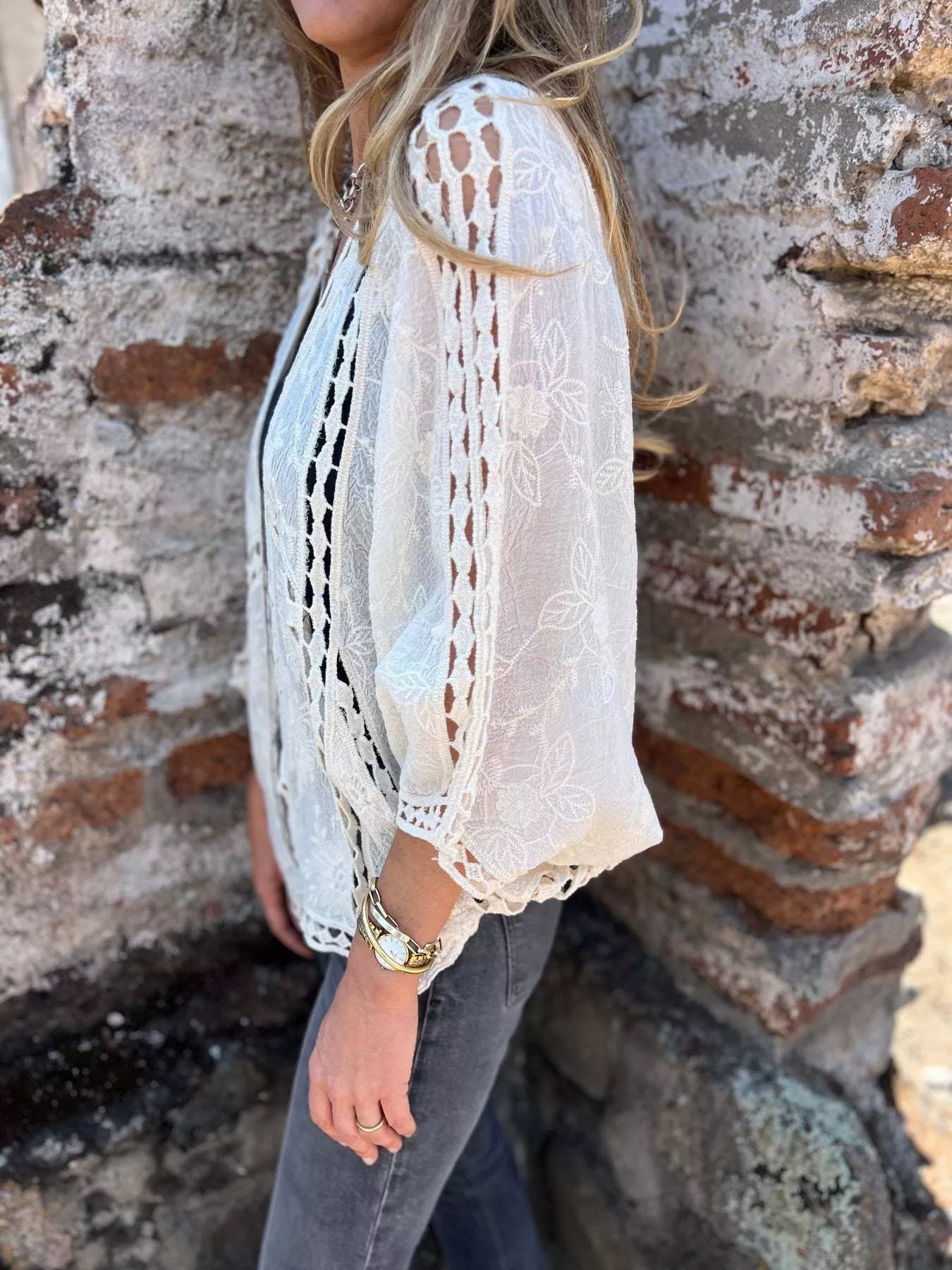 Women's Plus Size Embroidered Lacy Open Front Cardigan