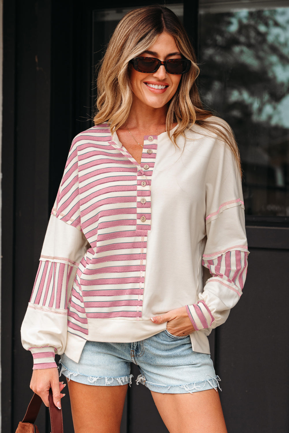 Women's Stripe Patchwork Long Sleeve Henley Top