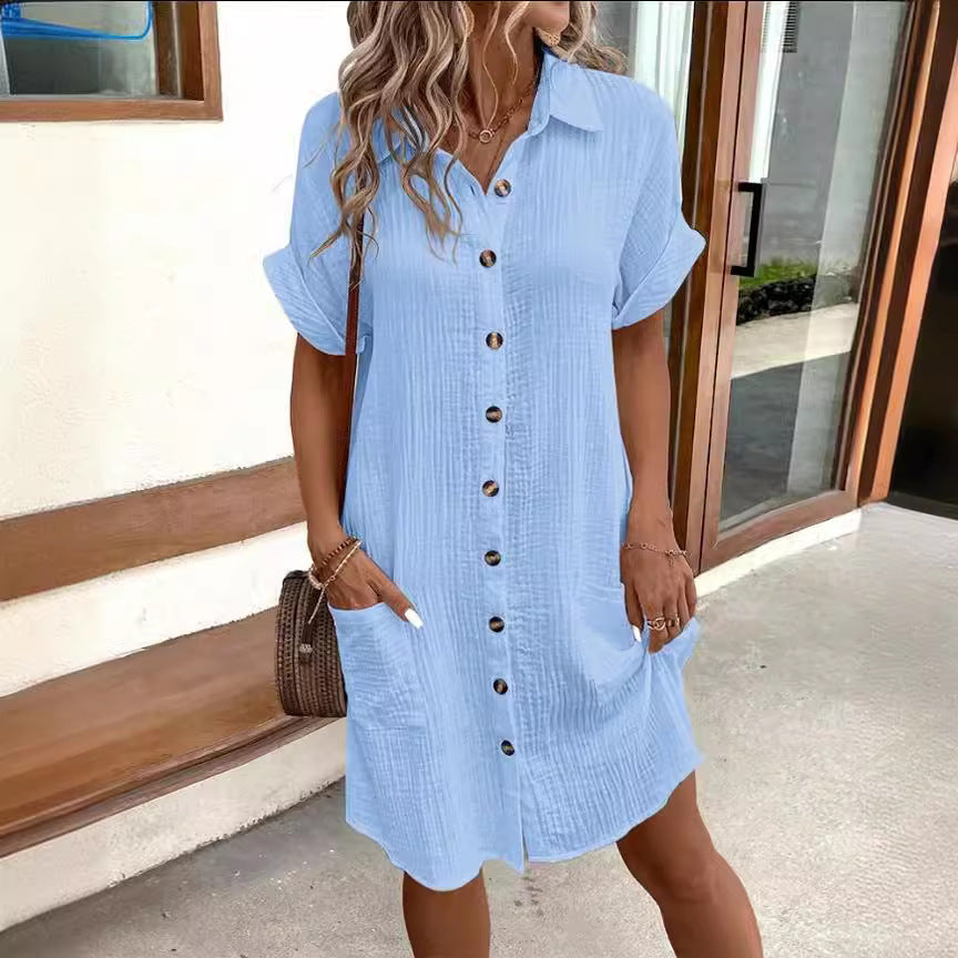 Women's Fashion Solid Color Single-breasted Loose Shirt Dress