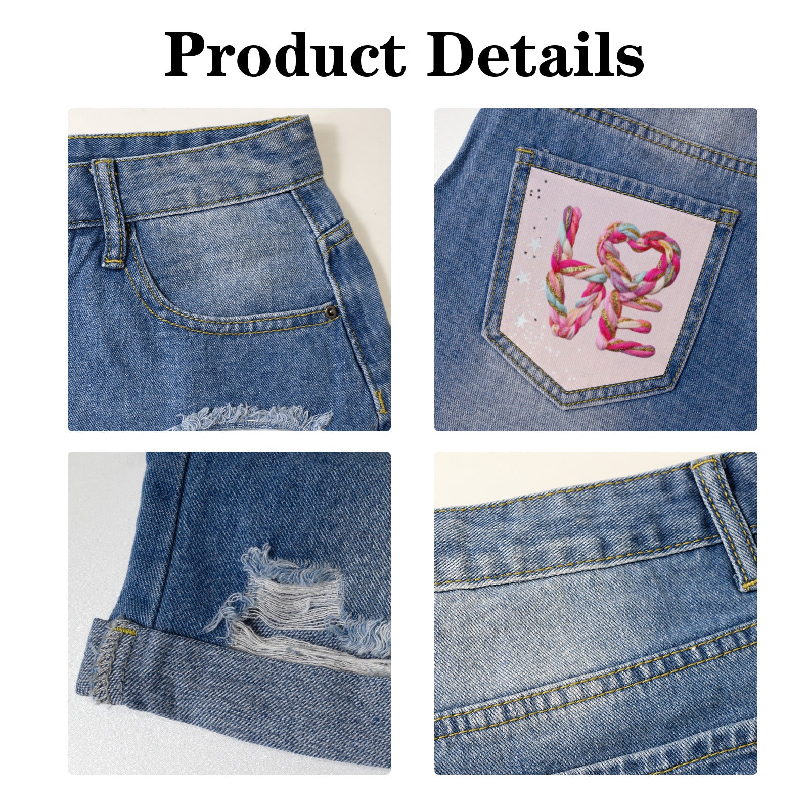 Latch Hook Yarn Love Light-Wash Blue Denim Shorts (Dual Pockets Print)