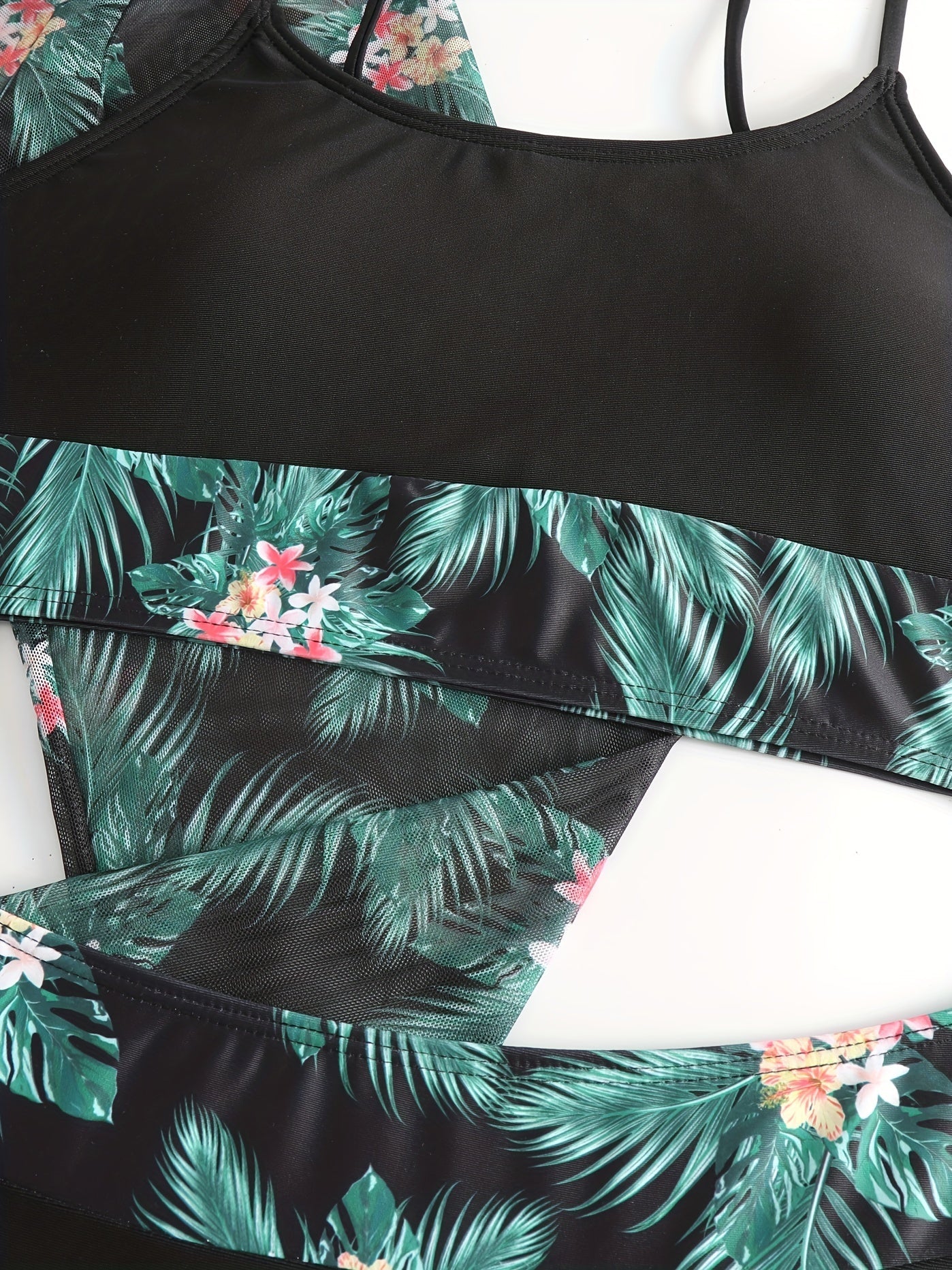 Chic 3-piece Tropical Print High Stretch Swimwear with Crew Neck Mesh Cover-Up